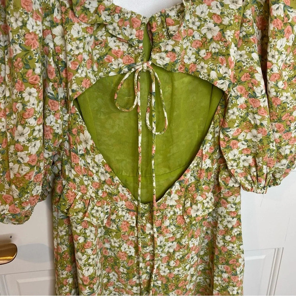 Lush Open Back Tie Ruched Mini Green Floral Short puffy sleeve Dress Siz… - Picture 12 of 12